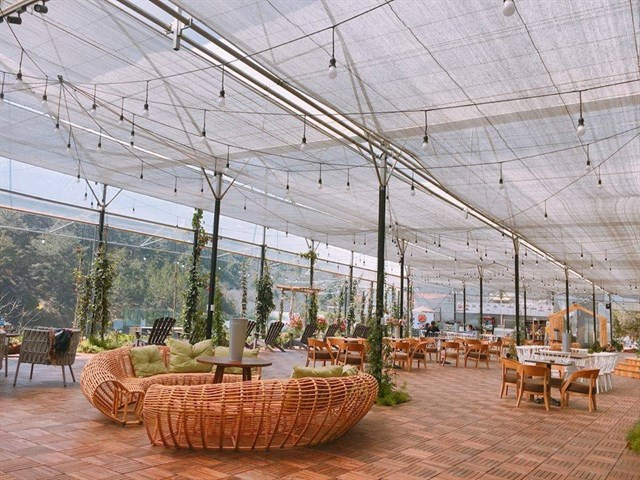 Không gian quán Cafe F Cánh đồng hoa được trang trí rất ấn tượng, với những chiếc Sofa làm bằng mây.