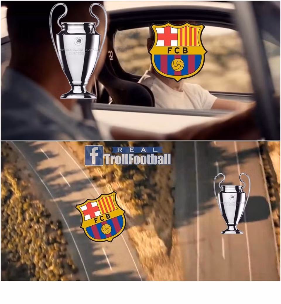 Bức ảnh chế bóng đá Barca và chiếc cúp C1 danh giá đường hai ngả khiến nhiều fan của CLB xứ Catalan cảm thấy "đắng lòng". Ảnh: Troll Football