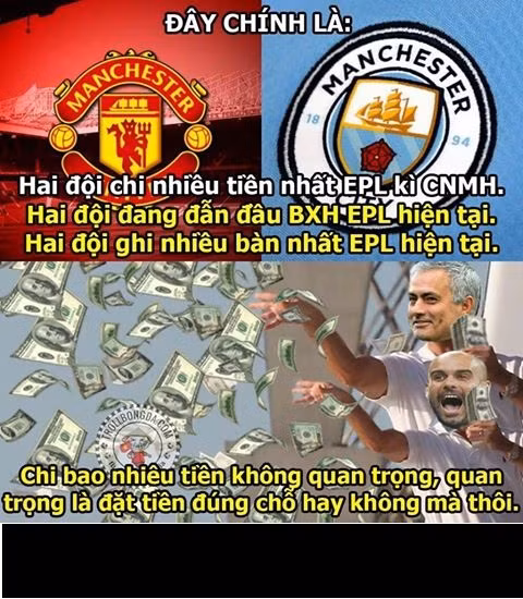 Man United và Man City là hai đội đang nắm nhiều kỷ lục nhất của mùa giải Ngoại hạng Anh 2016/2017 tính đến thời điểm này và châm ngôn hoạt động của họ đó là: "Chi bao nhiêu tiền không quan trọng, quan trọng là đặt tiền đúng chỗ hay không".