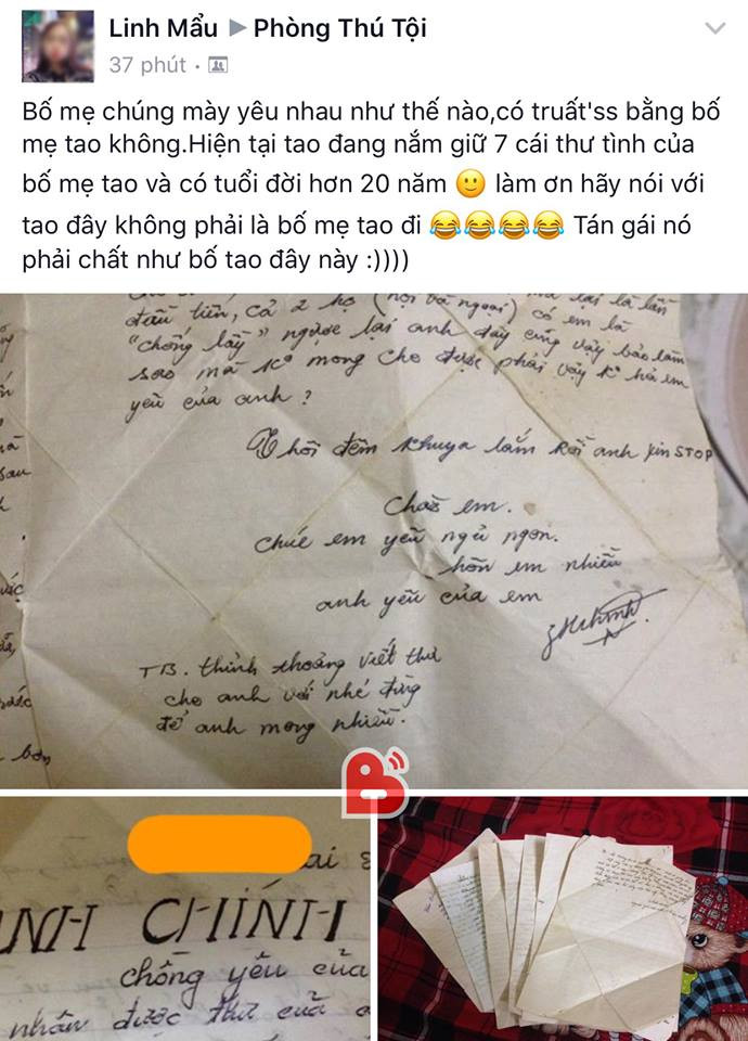 Trong bài viết của mình, Linh có chia sẻ: "Bố mẹ mọi người yêu nhau như thế nào, có "chất" bằng bố mẹ mình không. Hiện tại mình nắm giữ bảy lá thư tình của bố mẹ có tuổi đời hơn 20 năm. Làm ơn hãy nói với mình đây không phải bố mẹ mình đi. Tán gái phải chất như bố mình nhé" trích nhóm kín Phòng thú tội.