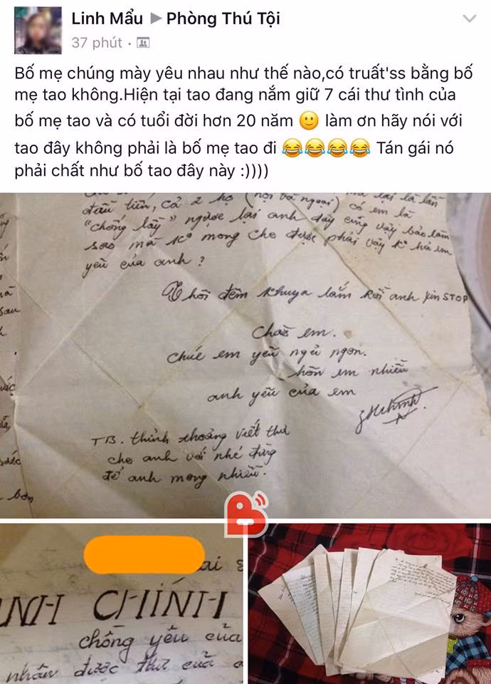 Trong bài viết của mình, Linh có chia sẻ: "Bố mẹ mọi người yêu nhau như thế nào, có "chất" bằng bố mẹ mình không. Hiện tại mình nắm giữ bảy lá thư tình của bố mẹ có tuổi đời hơn 20 năm. Làm ơn hãy nói với mình đây không phải bố mẹ mình đi. Tán gái phải chất như bố mình nhé" trích nhóm kín Phòng thú tội.
