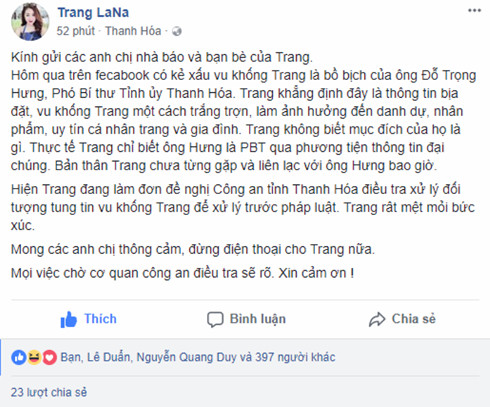 Cô gái bị đồn là "bồ nhí" của Phó Bí thư Thanh Hóa cũng đã chính thức lên tiếng về những thông tin liên quan đến mình thời gian qua và được nhiều dân mạng quan tâm đặc biệt.
