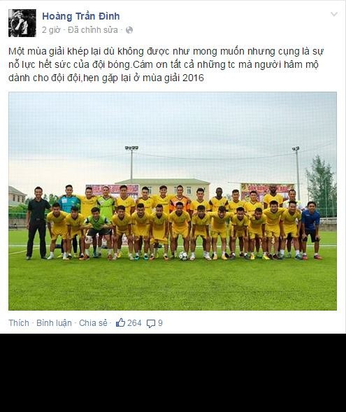 Cầu thủ Trần Đình Hoàng của CLB SLNA nhận định, V.League 2015 là giải đấu kém thành công của SLNA nhưng dù sao đó cũng là sự nỗ lực hết mình của anh cũng như các đồng đội. Cầu thủ này cảm ơn NHM xứ Nghệ luôn theo sát anh cũng như các đồng đội trên hành trình V.League 2015.