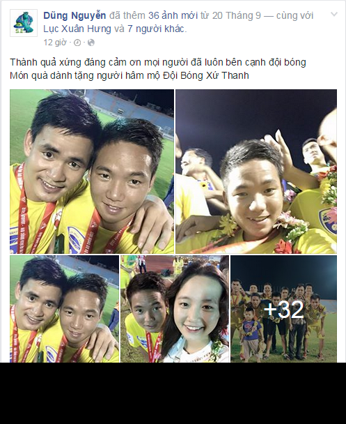 Hữu Dũng vui vẻ khoe ảnh anh và các đồng đội nhận tấm huy chương đồng V.League 2015 sau khi giải đấu này hạ màn.