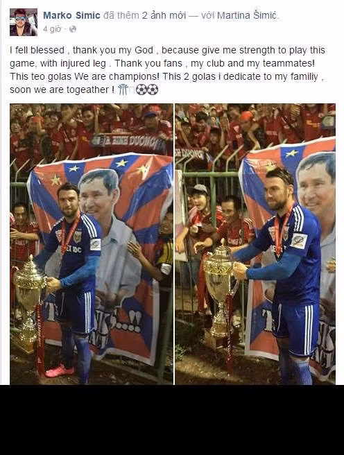 Cùng chung niềm vui với Mai Tiến Thành là người đồng đội ngoại binh Marko Simic. Anh khoe bức ảnh nâng cao chiếc cúp vô địch V.League và đằng sau là rất đông CĐV của CLB B.Bình Dương.