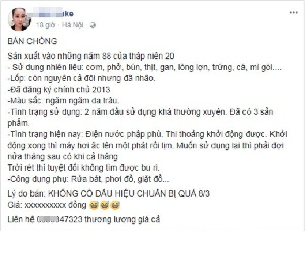 Dù là các bản copy nhưng trào lưu rao bán chồng ngày 8/3 đã mang đến tiếng cười không ngớt cho nhiều chị em cũng như các anh em trong ngày Quốc tế phụ nữ.