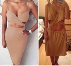 Chiếc váy khoét ngực của người mẫu mang đến sự đẫy đà vòng 1 những khi được mua về từ hình thức online thì nó lại khiến nhiều người tưởng rằng, chủ nhân của chiếc váy bị "lép".