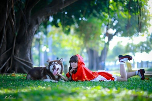 Anh Thư hóa thân thành nhân vật “cô bé quàng khăn đỏ” đùa giỡn với một chú chó đóng thế vai “chó sói”. Bởi rất yêu thích cún, cô bạn đã chọn chú cún dễ thương này để thực hiện trong bộ ảnh của mình.