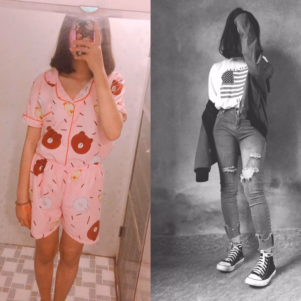 Mới đây, hội chị em mạng xã hội đã lại một lần nữa phải dậy sóng khi bức ảnh khoe sự khác biệt giữa lúc ở nhà và lúc đi chơi của con gái được nickname N.Q đăng tải, kèm theo đó là dòng trạng thái: "Các chị, các mẹ thấy em thế nào? Còn em thấy em lúc ở nhà như con nhà quê, còn khi ra đường cùng tàm tạm".