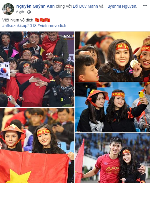 Ngay sau khi đội tuyển Việt Nam vô địch AFF Cup, trung vệ Duy Mạnh đã lao tới khán đài, đeo lên cổ cô người yêu Quỳnh Anh của mình chiếc HCV và trao cho nhau nụ hôn thắm thiết.