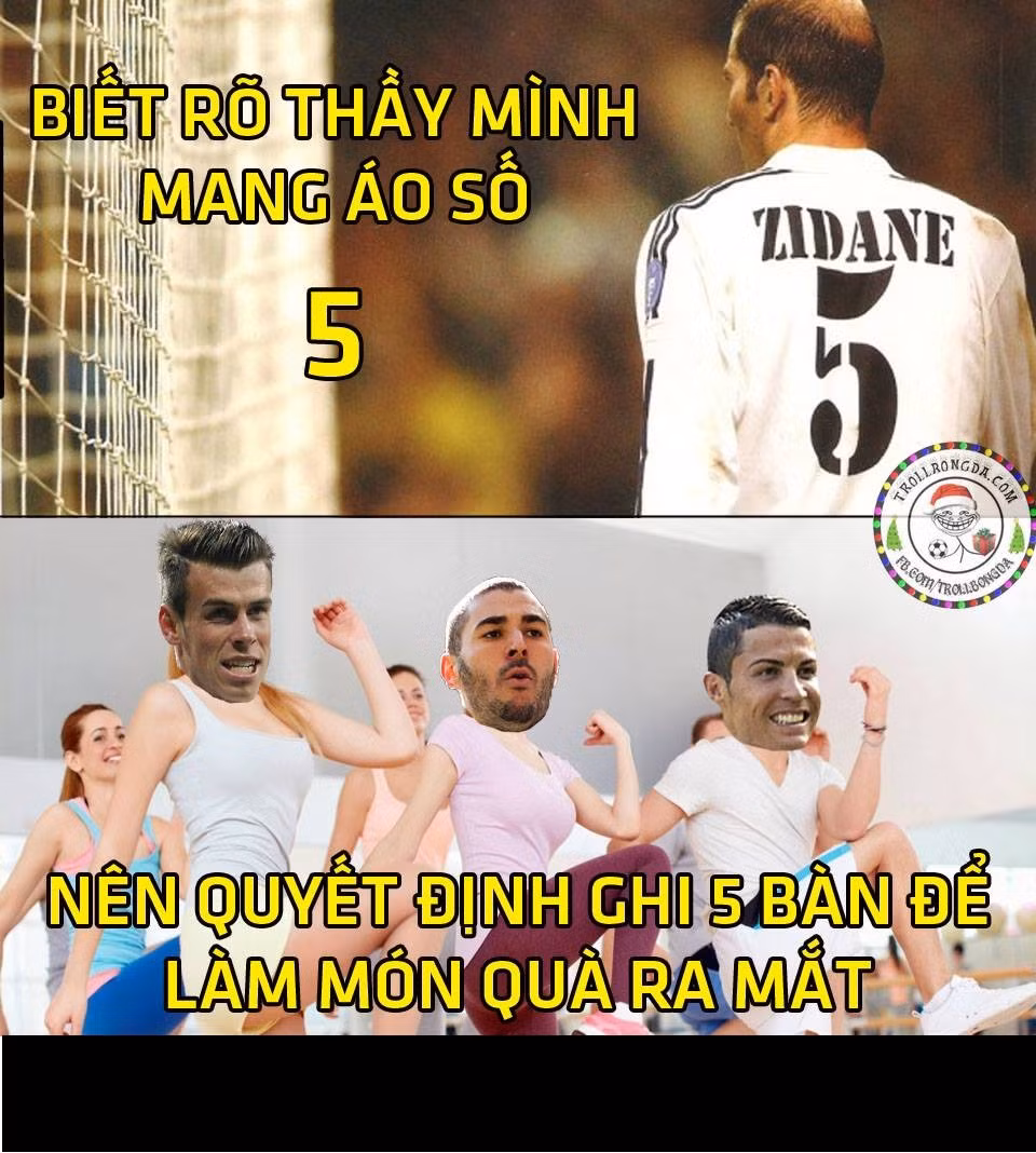 Dân mạc đã cho ra bức ảnh chế hài hước cầu thủ Real Madrid đã chọn đúng 5 bàn thắng để mừng ngày ra mắt của tân HLV Zidane và đây cũng là số áo của cầu thủ này khi còn thi đấu trong màu áo của đội Hoàng gia Tây Ban Nha.