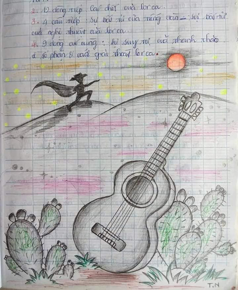 Mỗi bức tranh như thế chiếm diện tích gần cả trang giấy, sử dụng nhiều màu mực khác nhau, chữ viết được tô vẽ thư pháp hẳn hoi, ý tưởng hình ảnh cũng phản ánh rất đúng với nội dung bài học.