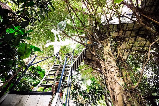Những căn homestay độc đáo trên cây xuất hiện ở ngoại thành Hà Nội là một góc của quần thể Arts Hotel của nhà thiết kế Đào Anh Khánh với 5 ngôi nhà trên cây, một nhà sàn, 3 nhà vườn và một nhà thủy cung lung linh huyền ảo.