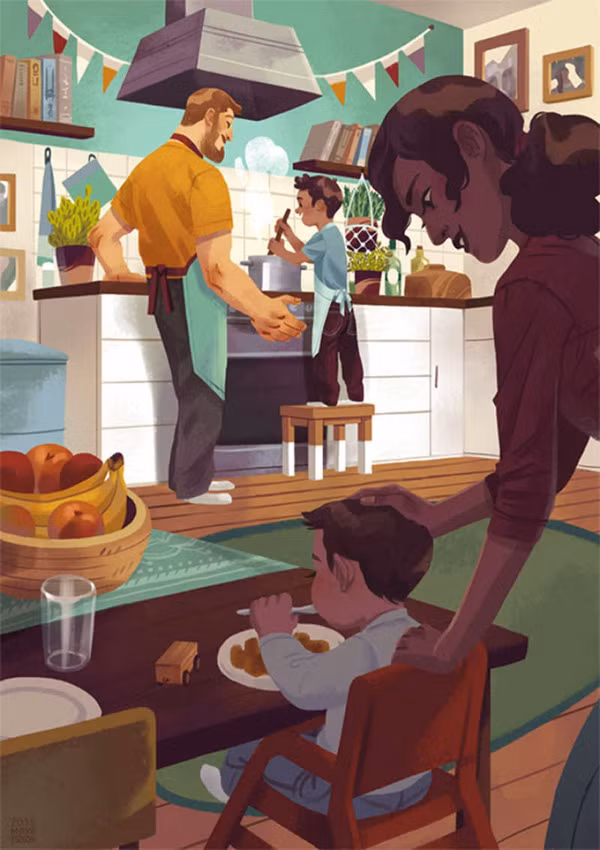 Hạnh phúc biết bao khi trong gia đình, bố chỉ anh trai làm việc nhà, mẹ chăm lo cậu em út.