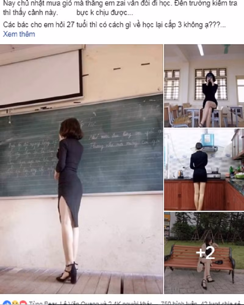 Mới đây trên MXH, đặc biệt là trong 1 số group kín, chia sẻ những bức ảnh một cô gái với vóc dáng chuẩn cùng cách ăn mặc có phần táo bạo đứng trên bục giảng. Đi kèm với bức ảnh này đó là dòng trạng thái: " Cô giáo gợi cảm nhất vịnh bắc bộ".