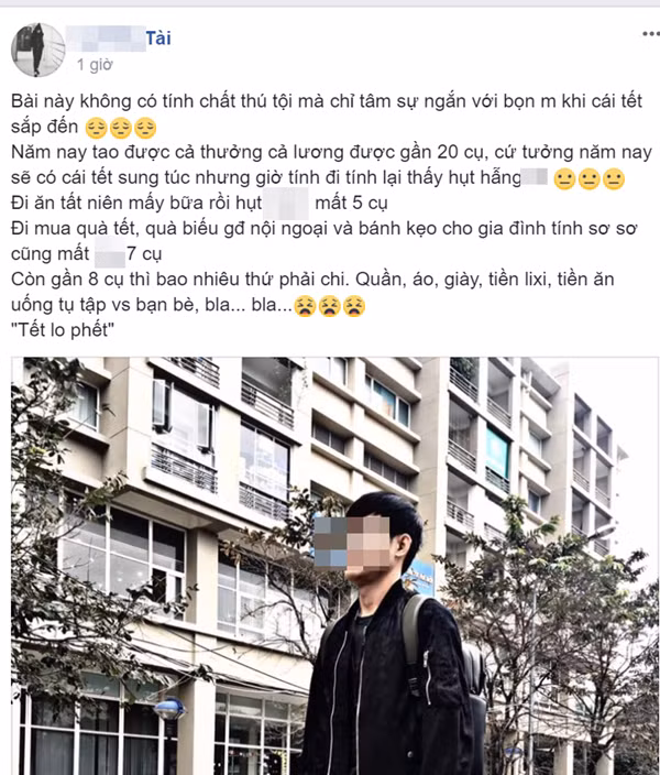 Trong khi bạn bè khoe đồ sắm Tết thì anh chàng này lại lên mạng tâm sự về các khoản chi tiêu tốn kém. Trong đó, tiền quà dự tính "ngốn" hết 7 triệu.