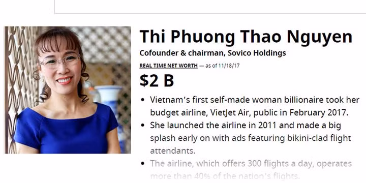 Nữ doanh nhân Nguyễn Thị Phương Thảo cũng được Forbes vinh danh với khối tài sản lên tới 2 tỷ USD, tính đến ngày 18/11/2017