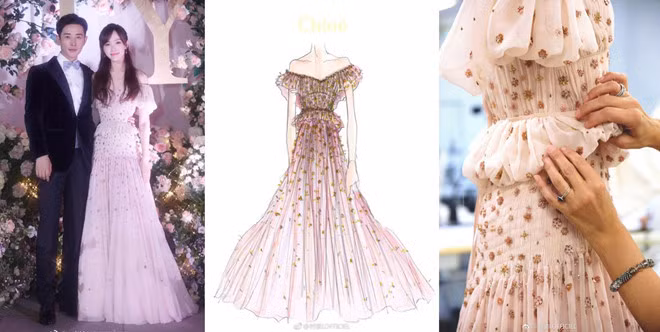 Sau khi kết thúc nghi lễ, Đường Yên thay mẫu váy cưới gọn gàng hơn để tiện cho việc di chuyển trong tiệc cưới. Mẫu thiết kế của nhà mốt Chloé làm từ chất liệu lụa trơn với nhiều tầng bèo nhún. Nữ diễn viên đã yêu cầu đính kết thêm các hạt cườm và hoa văn thủ công. Mẫu váy này tốn hơn 1.250 giờ để thực hiện.