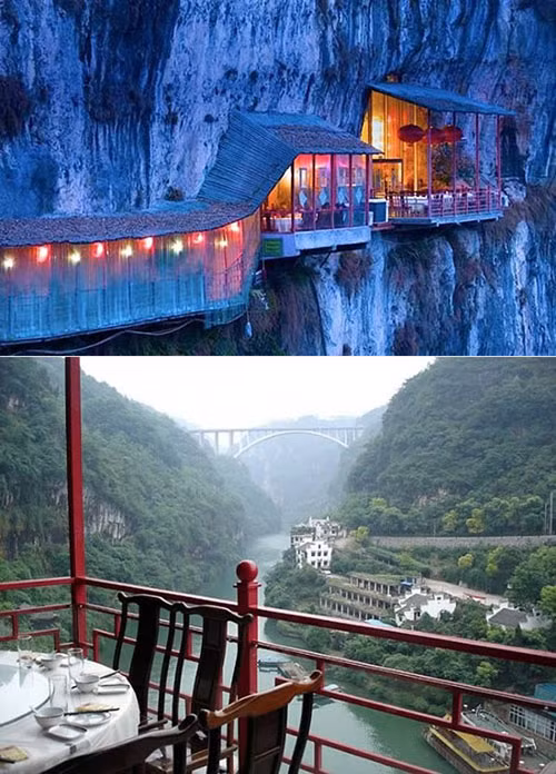 Nằm tại hẻm núi Xiling thuộc tỉnh Hà Bắc, Trung Quốc, nhà hàng treo Fangweng mang lại cho thực khách một không gian nghẹt thở với núi rừng hùng vĩ cùng con sông Dương Tử chảy bên dưới.