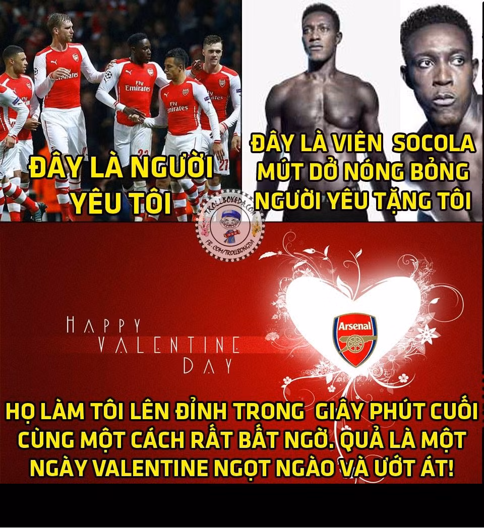  Ảnh chế bóng đá cuối tuần qua cũng xoay quanh trận đấu tranh ngôi đầu bảng tại giữa Arsenal và Leicester City. Nơi mà Welbeck đã tặng cho các fan của "pháo thủ thành London" một món quà Valentine vô cùng ngọt ngào là một chiến thắng.