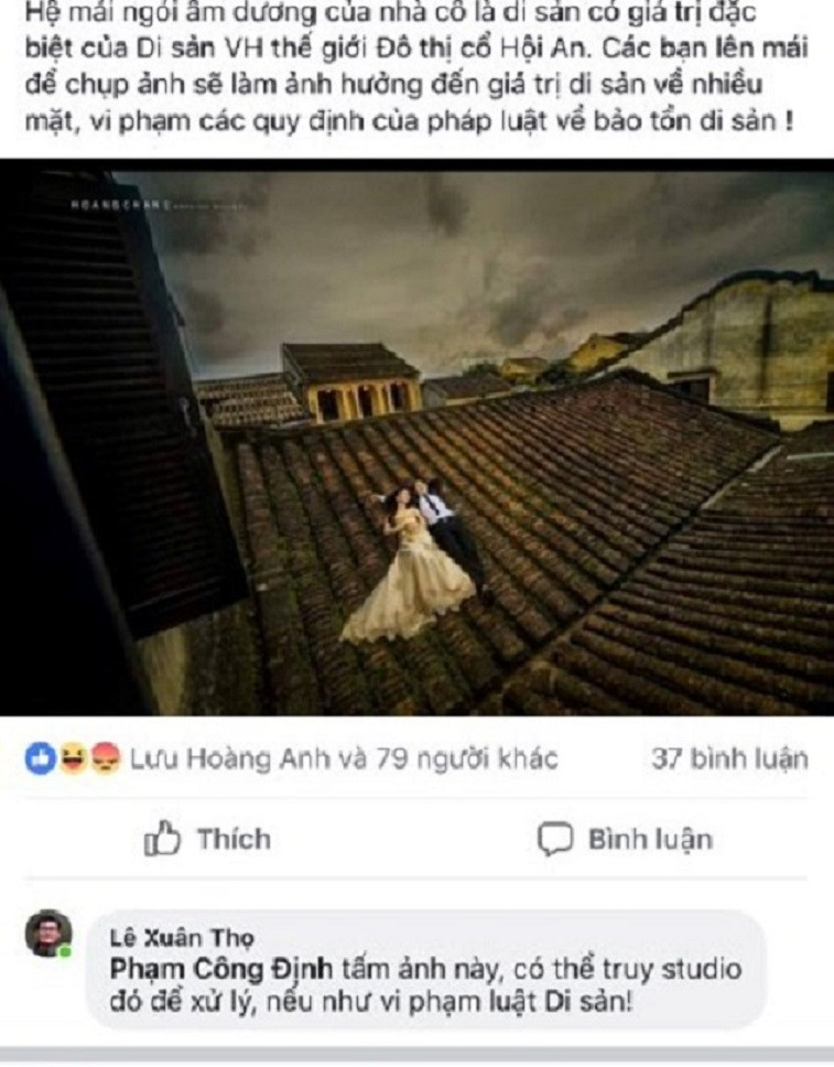 Ngay sau khi những bức ảnh cặp đôi chụp ảnh cưới trên mái nhà Hội An được đăng tải, rất nhiều dân mạng yêu cầu cơ quan chức năng ra tay xử lý sai phạm.