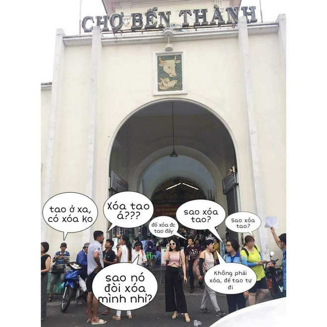 Cụ thể, một cô gái đến chơi chợ Bến Thành trong lần đầu đến Sài Gòn. Cô có một bức hình không được ưng ý cho lắm và nhờ dân mạng xóa ảnh hộ những người đứng xung quanh và sản phẩm nhận lại của cô khiến cộng đồng mạng chỉ biết "ôm bụng" ngồi cười.