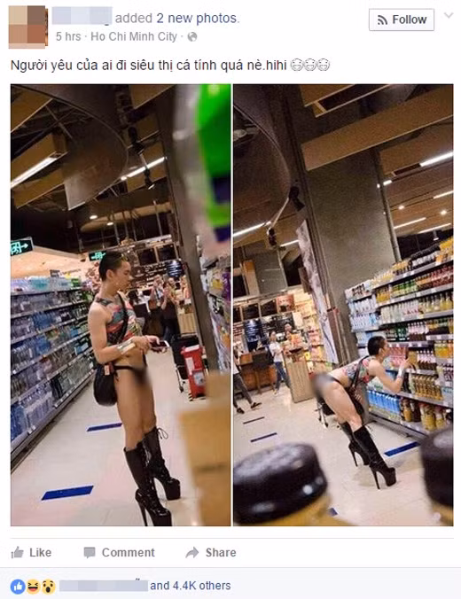 Mới đây, trên mạng xã hội các cư dân mạng đã truyền tay nhau những bức ảnh về một chàng trai ăn mặc phản cảm nhưng vẫn vô tư đi lại mua sắm và thậm chí còn tạo dáng "điệu đà" trong gian hàng tại một siêu thị.