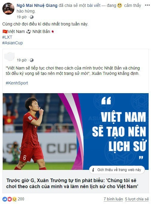 Ngô Mai Nhuệ Giang, bạn gái tin đồn của Xuân Trường đã mong 1 điều kỳ diệu xảy ra trong trận đấu giữa đội tuyển Việt Nam và Nhật Bản. Tuy chiến thắng đã không mỉm cười với thầy trò ông Park nhưng việc lọt vào tới tận tứ kết một giải đấu tầm cỡ như Asian Cup chẳng phải cũng đáng được coi là điều tuyệt diệu sao?