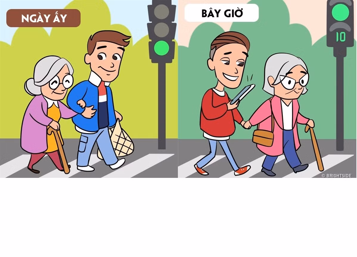 Ngày xưa người trẻ giúp đỡ người già chân chậm mắt mờ, thế nhưng ngày nay do quá bận "dán" mắt vào màn hình smartphone nên điều ngược lại đã xảy ra.