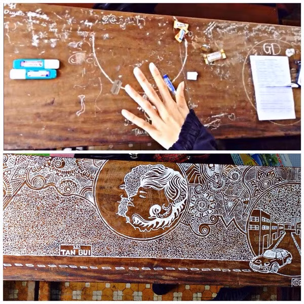 Khi hoàn thành xong tác phẩm, các bạn trong lớp khá thích thú, và cũng may vì cô giáo mình cũng thích vẽ nên cô không trách mắng gì hành động vẽ lên bàn của mình". Văn Tấn cho biết thêm