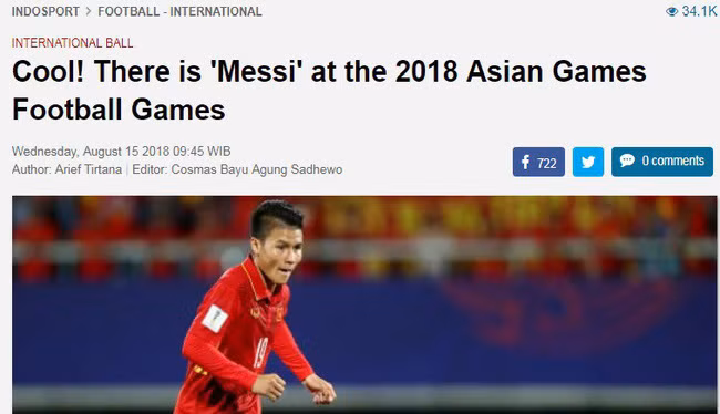  Truyền thông chủ nhà ví Quang Hải là "Messi của ASIAD 2018": Môn bóng đá nam của Asian Games 2018 có một 'Messi'" - trang IndoSport của nước chủ nhà ASIAD 2018 đã giật title như vậy khi nói về Quang Hải của Olympic Việt Nam.