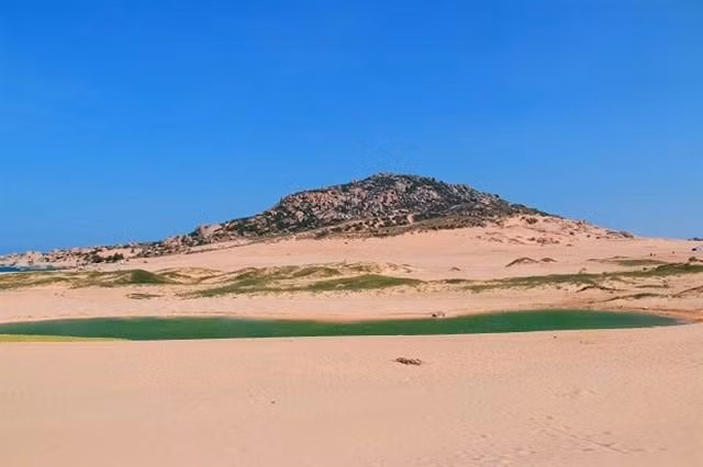 Đến với "Dubai phiên bản Việt" Sơn Hải, bạn sẽ được khám phá những đồi cát rộng lớn bao la, chạy dài tít tắp. Bên cạnh đó còn là những vũng nước lúc thì xanh nhạt, xanh lá được ví như ốc đảo giữa sa mạc.