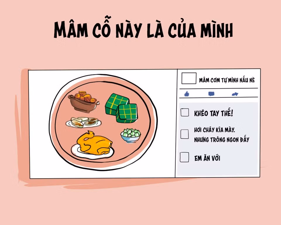 Còn với những bạn gái, khoe thành quả "nữ công gia chánh" của mình bằng những bức hình chụp mâm cơm ngày Tết ngon - bổ - rẻ với bánh chưng, giò lụa, dưa muối, nem, gà là trào lưu trên mạng xã hội ngày Tết.
