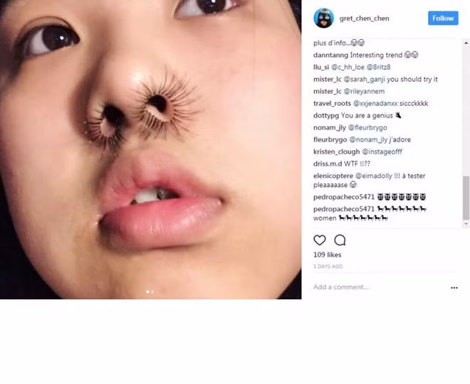 Sau hàng loạt những cách trang điểm "kinh dị" như nhuộm lông nách 7 màu hay lông mày liền nét, mới đây cộng đồng mạng một lần nữa là "té ngửa" với trào lưu gắn lông mũi của một số bạn nữ.