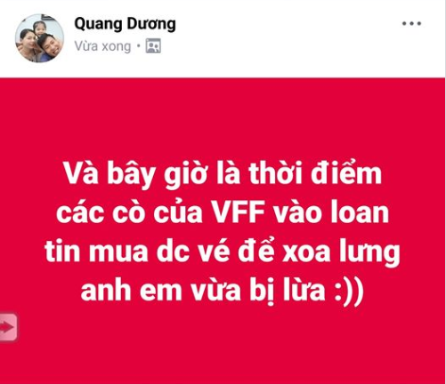 Ở một trang mạng xã hội chuyên bán vé bóng đá, thì đã có người up lên bán vé bóng đá từ lúc chưa diễn ra thời gian VFF chính thức mở bán, điều này càng khiến câu hỏi được nhiều người đặt ra có cơ sở để tin tưởng.
