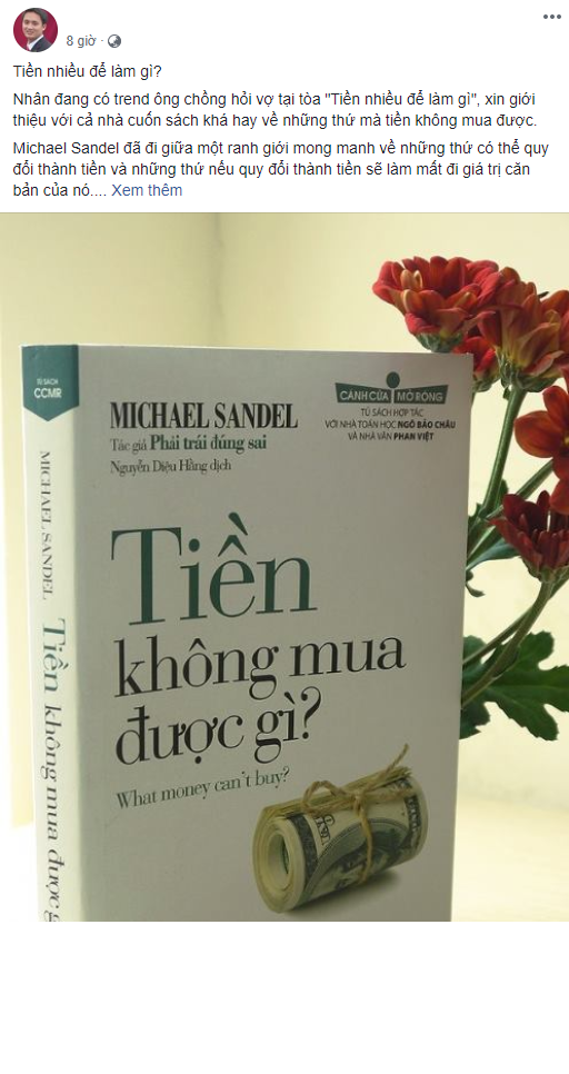 Cũng từ câu hỏi "Tiền để làm gì?" nickname T.T.A đã hướng mọi người đọc cuốn sách "Tiền không mua được gì?".