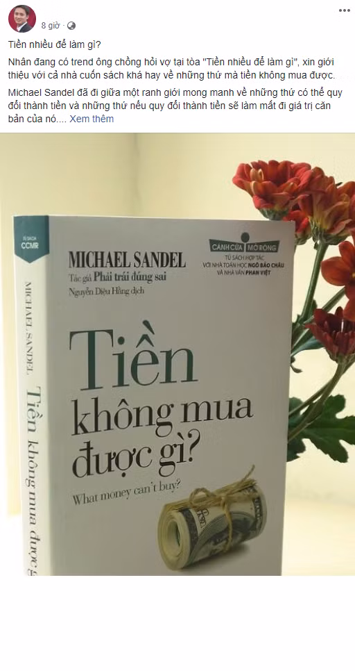 Cũng từ câu hỏi "Tiền để làm gì?" nickname T.T.A đã hướng mọi người đọc cuốn sách "Tiền không mua được gì?".