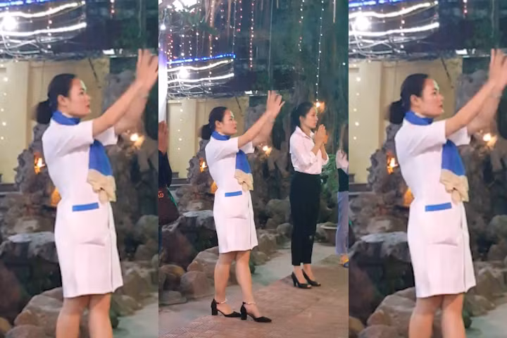 Nếu xem kĩ clip, hành động đầu tiên là cô gái này chắp tay lạy, sau đó đột nhiên hai bàn tay biến hóa, chẳng mấy chốc đã múa điệu xòe quạt và quạt chả.