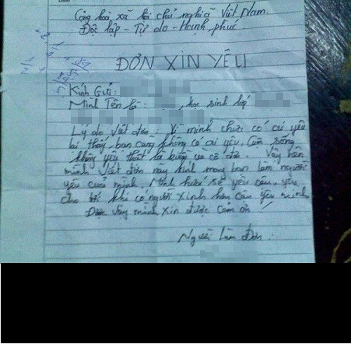 Chán cảnh viết thư kiểu ngốc xít, nhiều cô cậu học trò đã táo bạo viết hẳn đơn xin yêu để gửi tới "người tình" trong mộng của mình.