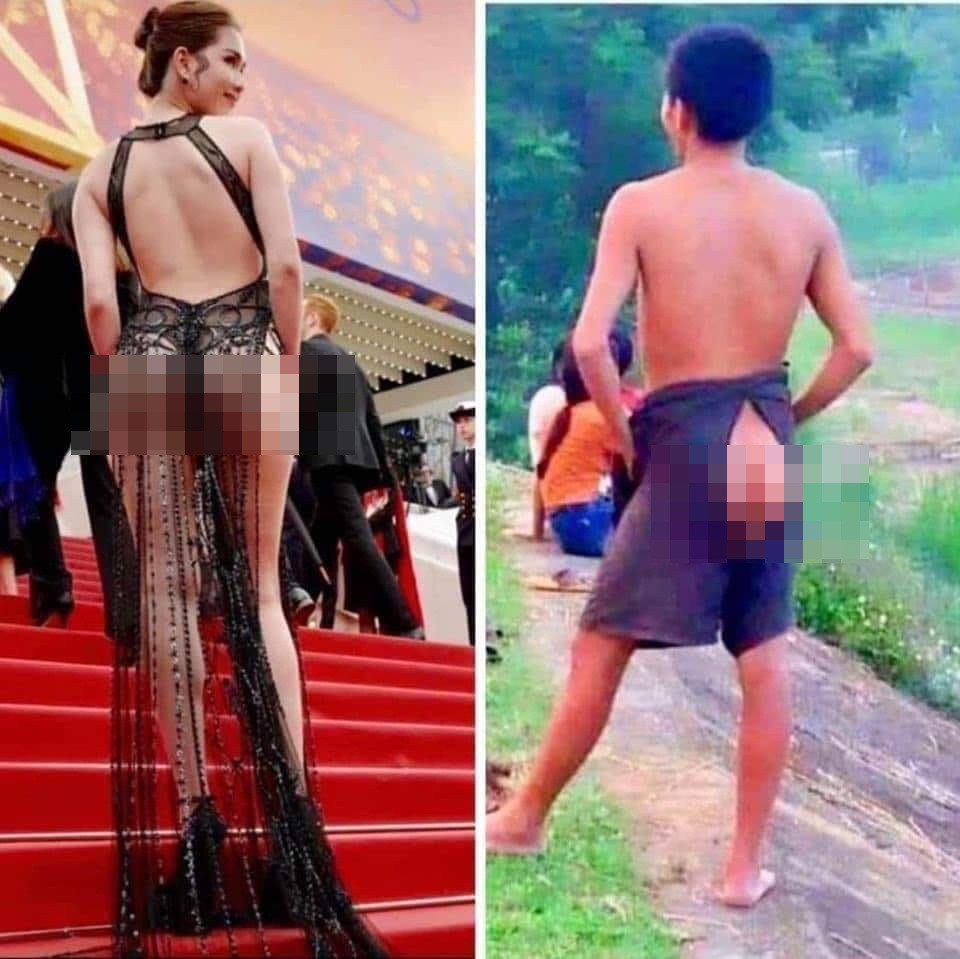 Chiếc váy lộ vòng 3 của Ngọc Trinh tại Pháp và tại Việt Nam.