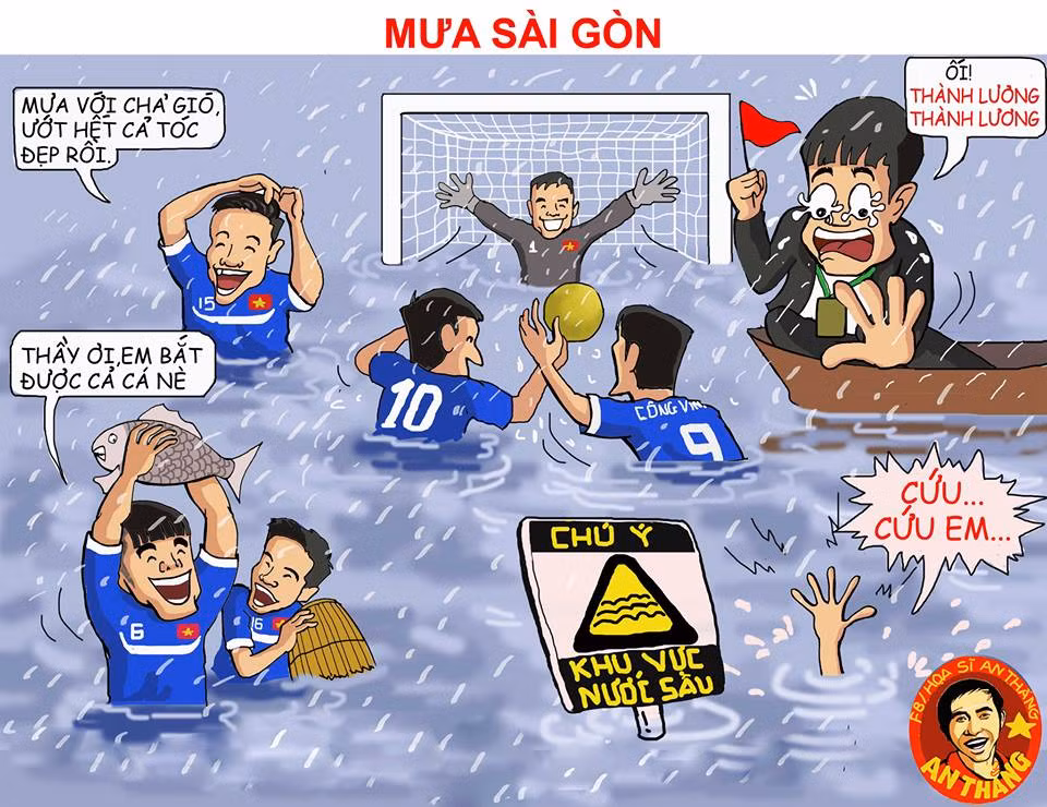 Mưa lớn khiến mặt sân Thống Nhất không đảm bảo yêu cầu chuyên môn, vậy nên các cầu thủ Việt Nam buộc phải tập ở mặt sân cỏ nhân tạo và rất nhiều chuyện "dở khóc dở cười" đã được nghệ sĩ An Thắng khắc họa qua những bức tranh biếm họa của mình.