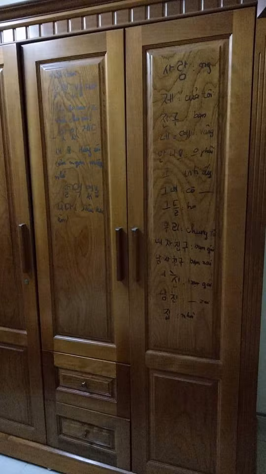 Không chỉ bất ngờ với cách dạy học của mẹ, cô con gái cũng vô cùng hào hứng khi bắt chước mẹ, viết tiếng Hàn lên khắp các cửa phòng khiến căn nhà chằng chịt toàn chữ là chữ.