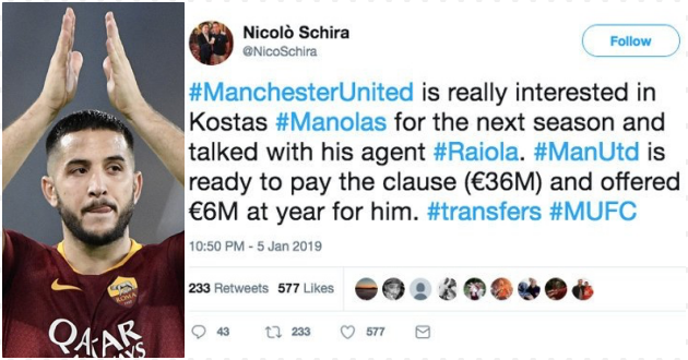 Tờ Daily Star đưa tin, MU đã chấp nhận chi ra 36 triệu bảng để thuyết phục AS Roma nhượng lại Kostas Manolas.