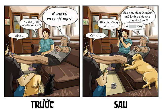 Lúc bạn mới nuôi chó, bố mẹ bạn kiểu gì cũng cằn nhằn, trách mắng. Thế rồi không biết từ bao giờ, chính chúng lại trở thành cục cưng trong mắt bố mẹ.