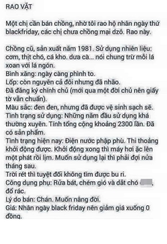 Nickname Dũng Nguyễn còn bình luận thêm rằng: "Vợ tôi về cứ cười cười xong đưa điện thoại cho tôi đọc cái bài đăng tải việc rao bán chồng, kèm theo lời nhắc "Cứ cẩn thận đấy, ông không có quà thì mai dọn quần áo sang nhà khác"".