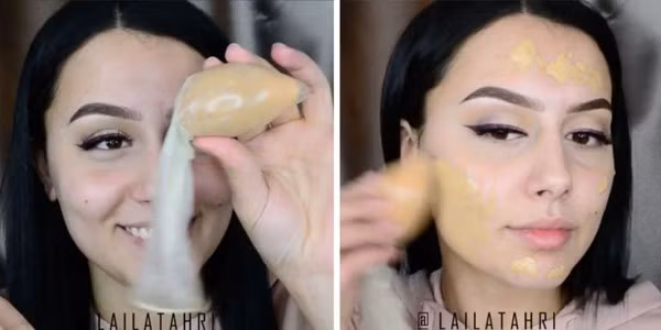 Blogger Laila Tahri dùng chính bao cao su đã được rửa sạch để làm công cụ tán phấn. Ảnh sử dụng trong bài: Sưu tầm Facebook.