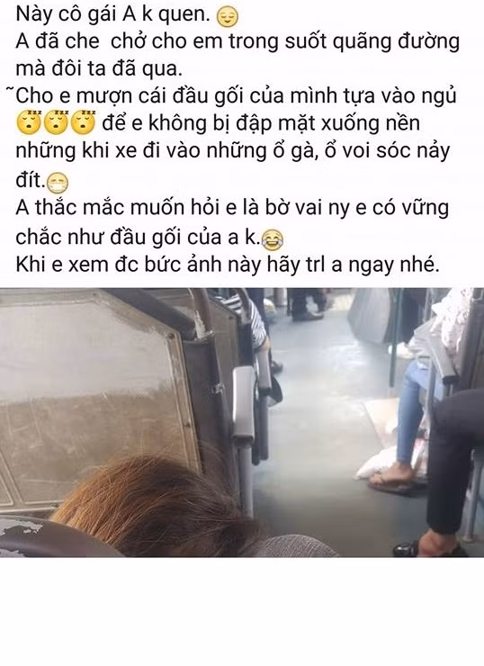 Vừa qua, trên một fanpage nổi tiếng, có chia sẻ một bài viết của chàng trai có nickname Dũng Nguyễn. Anh chàng này đã ghi lại khoảnh khắc một cô gái tóc vàng tựa đầu vào đầu gối của anh trên chuyến xe bus số 88 chạy từ Quốc Oai đến Bến xe Mỹ Đình (Hà Nội). Tuy nhiên, sự việc sẽ chẳng có gì đặc biệt nếu không có câu chuyện đính kèm ngọt ngào chẳng kém gì ngôn tình. Cũng từ đó, chàng trai người Quốc Oai này được dân mạng đặt cho biệt danh " soái ca xe bus".