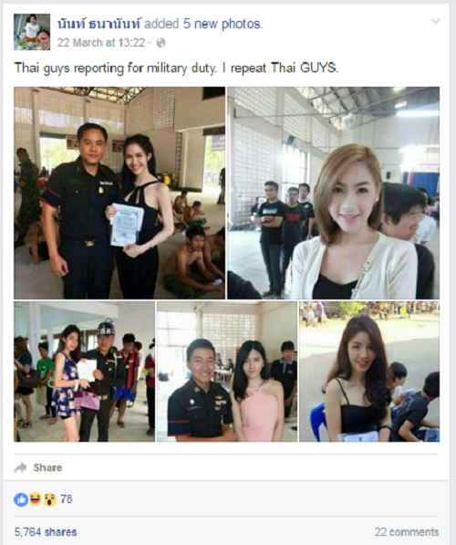 Hôm 22/3, một người có tên Nant Thananan chia sẻ loạt ảnh những mỹ nữ chuyển giới người Thái Lan đi xét tuyển nghĩa vụ quân sự trên Facebook cá nhân.
