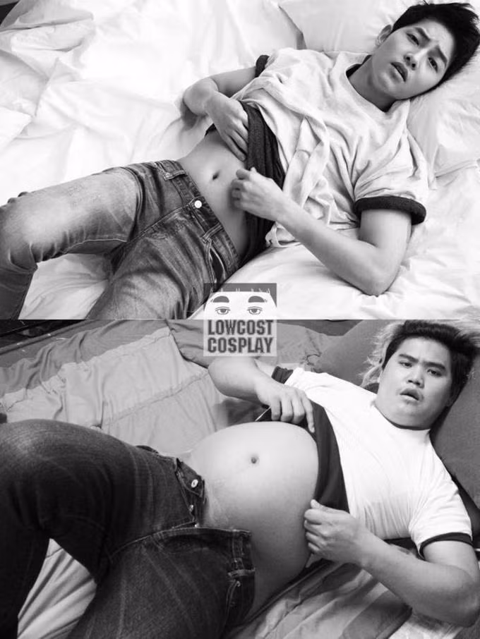 Nhái" lại shoot hình quyến rũ của Song Joong Ki nhưng với phiên bản bụng 1 múi. Tuy trang phục của Anucha chuẩn bị giống gần 90%, có áo thun 2 lớp và quần jeans, nhưng chắc có lẽ đó là điểm giống nhau duy nhất giữa 2 bức hình.