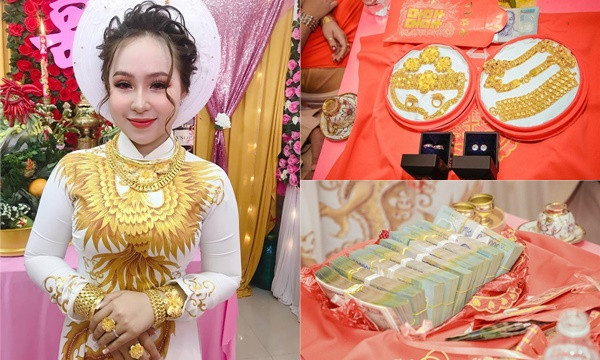 Những đám cưới "khủng" được đầu tư tiền tỷ, hay những cô dâu vàng đeo trĩu cổ trong ngày cưới không còn là chuyện hiếm. Tuy nhiên, cô dâu tên Minh Thư (Kiên Giang) dù chỉ mới dạm ngõ nhưng đã nhận được của hồi môn khủng.
